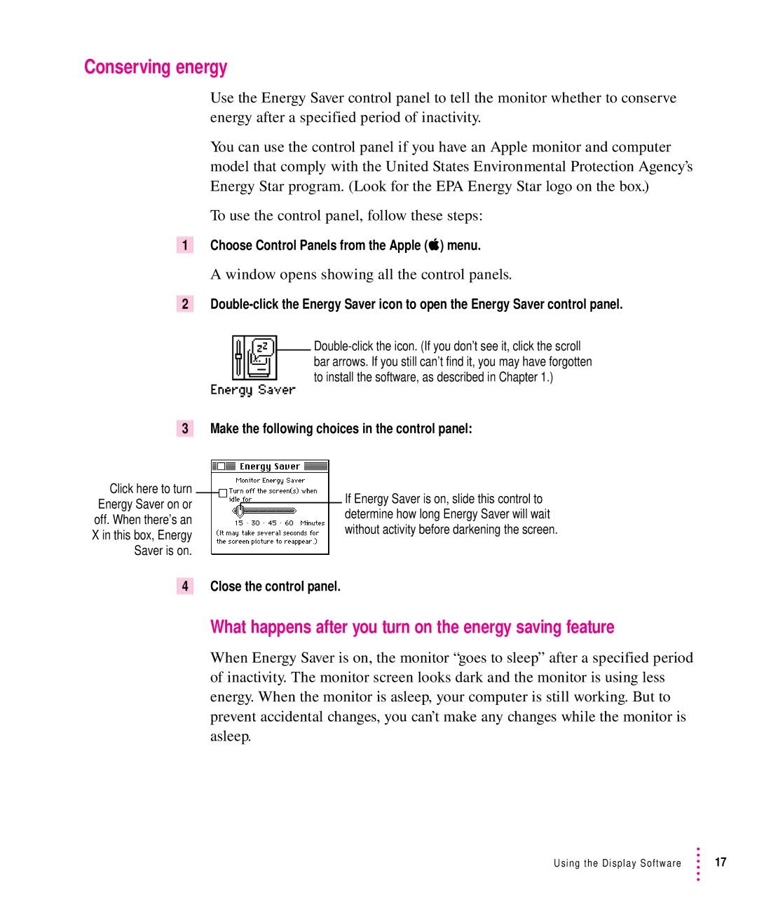 Apple 1705 Display Conserving energy, What happens after you turn on the energy saving feature, Close the control panel 