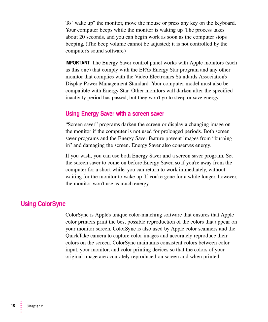 Apple 1705 Display manual Using ColorSync, Using Energy Saver with a screen saver 