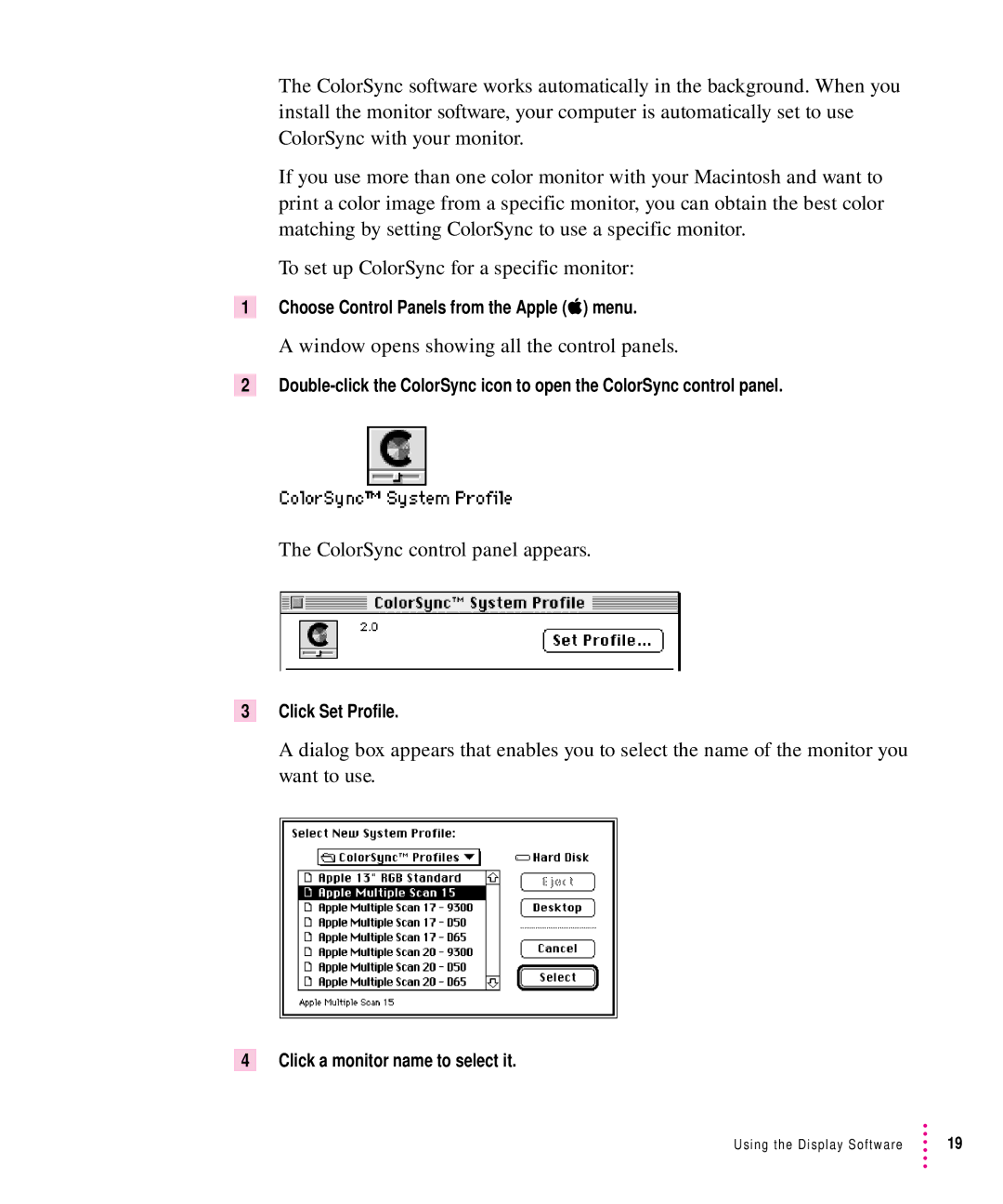 Apple 1705 Display manual ColorSync control panel appears, Click Set Profile, Click a monitor name to select it 