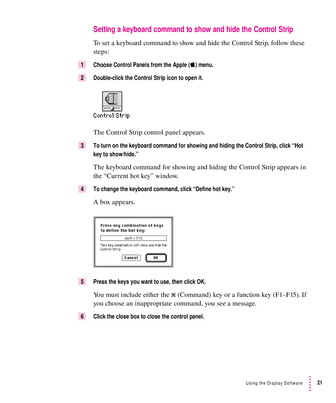 Apple 1705 Display manual Box appears, To change the keyboard command, click Define hot key 