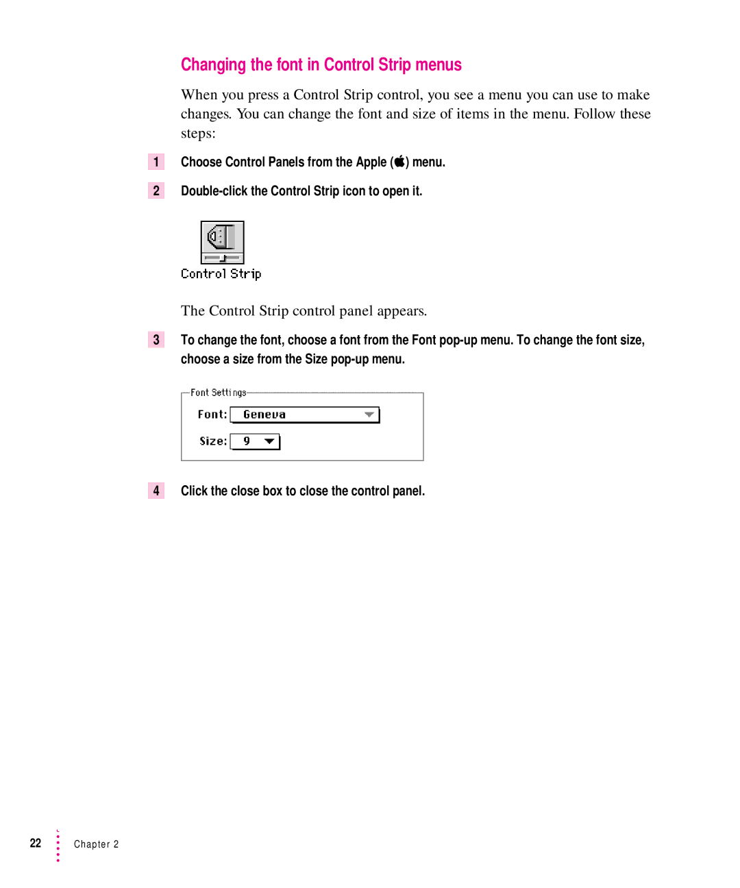 Apple 1705 Display manual Changing the font in Control Strip menus 