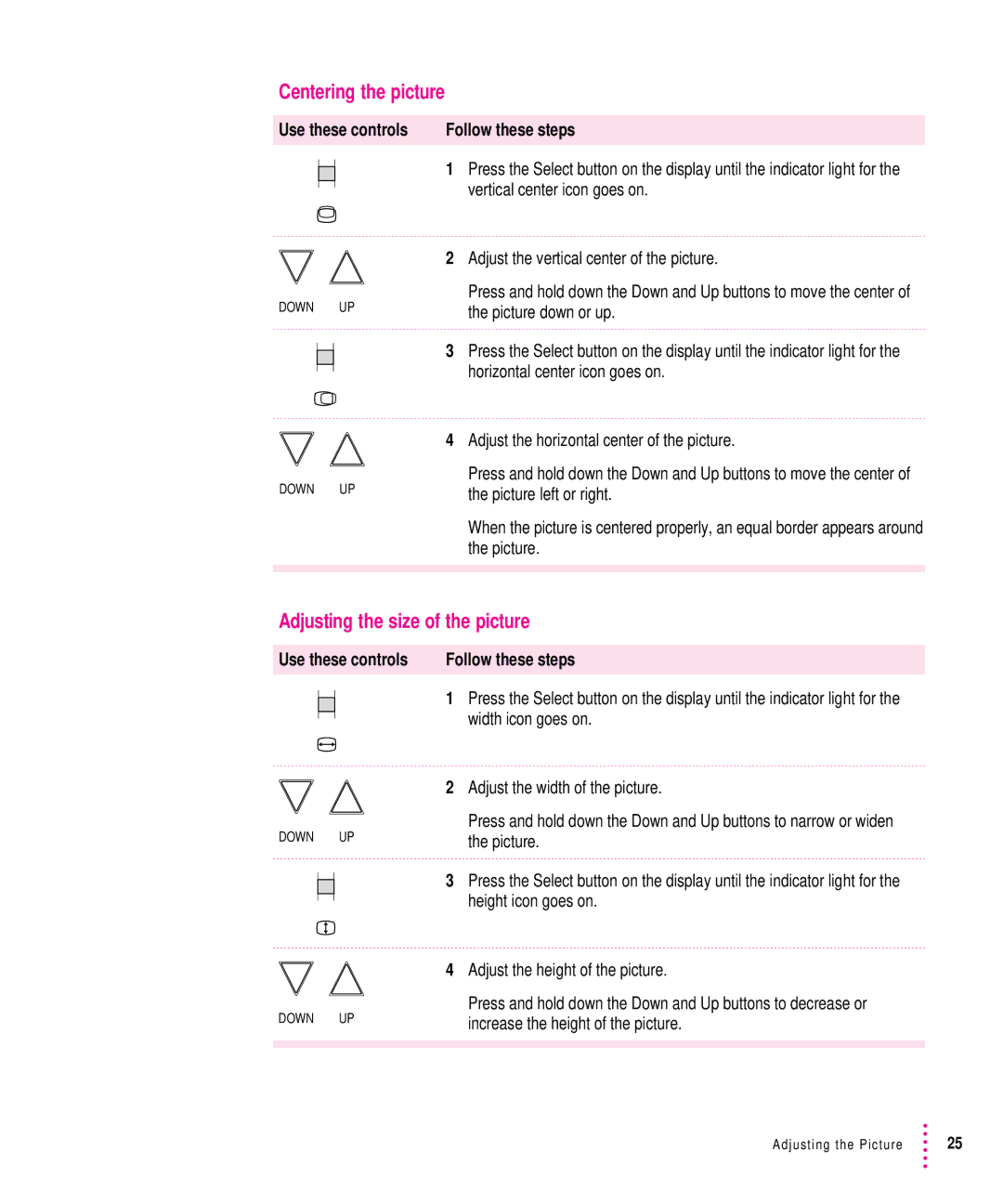 Apple 1705 Display manual Vertical center icon goes on, Use these controls Follow these steps, Width icon goes on 