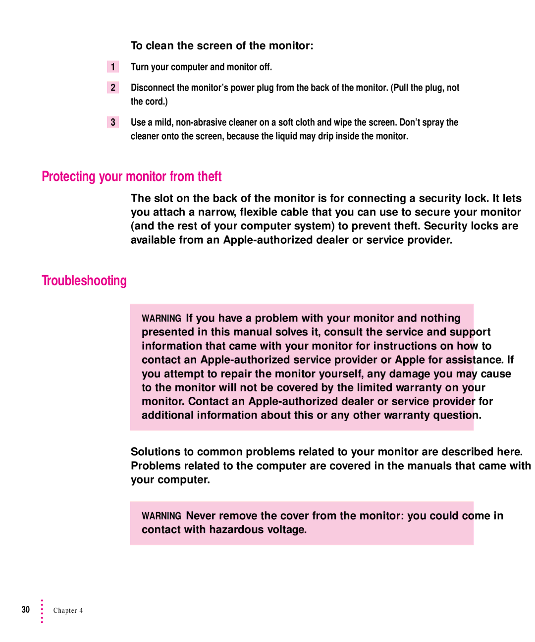 Apple 1705 Display manual Protecting your monitor from theft, Troubleshooting, To clean the screen of the monitor 