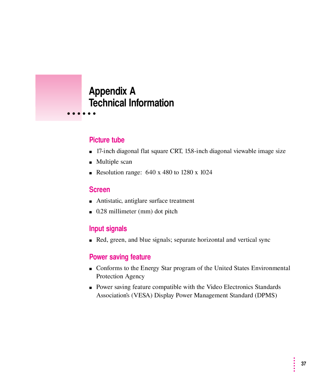 Apple 1705 Display manual Appendix a Technical Information, Picture tube, Screen, Input signals, Power saving feature 