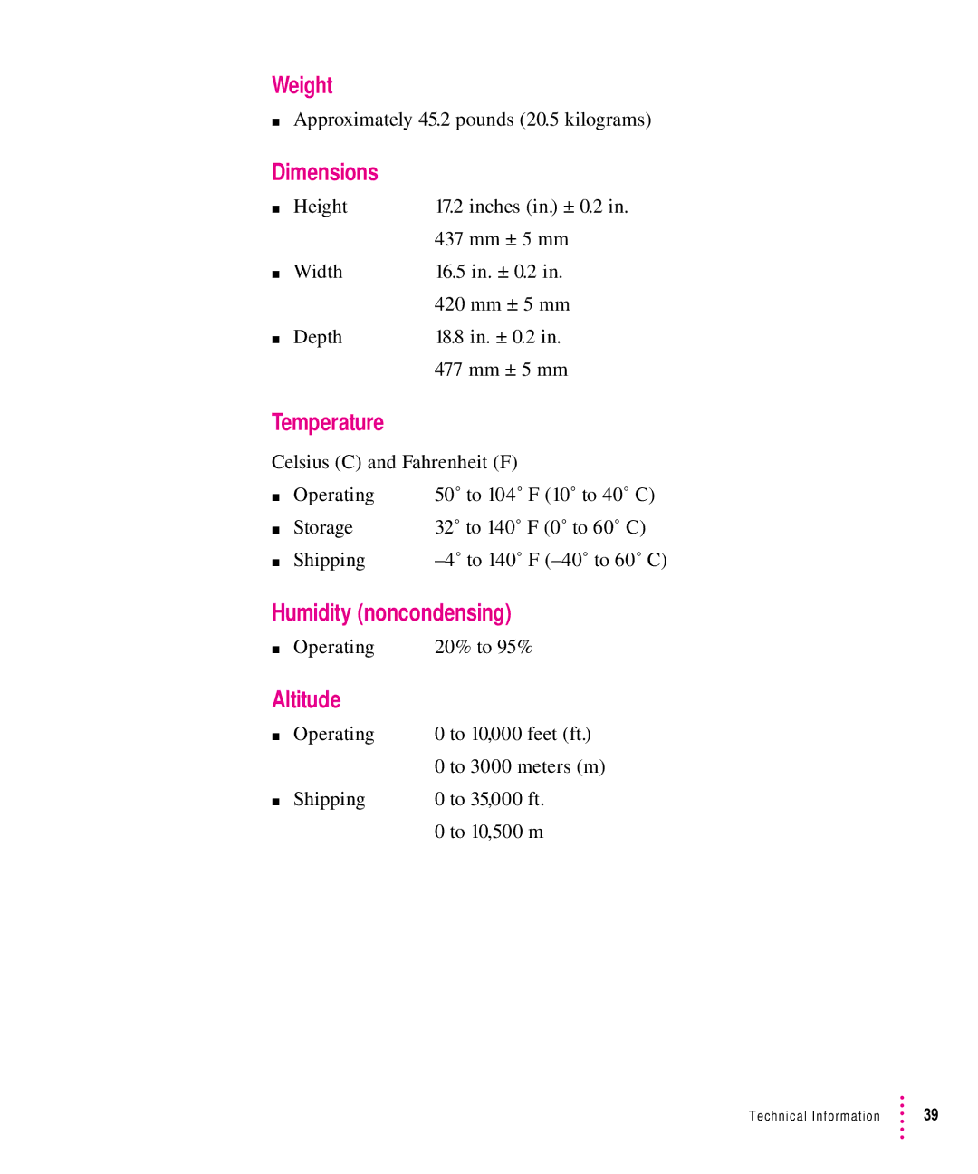 Apple 1705 Display manual Weight, Dimensions, Temperature, Humidity noncondensing, Altitude 