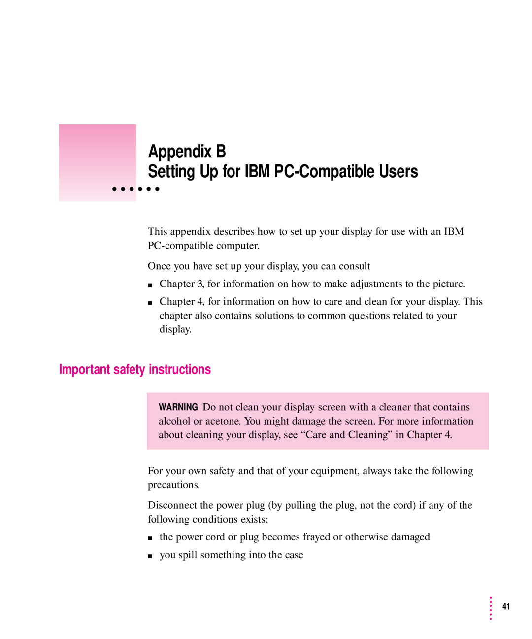 Apple 1705 Display manual Appendix B Setting Up for IBM PC-Compatible Users, Important safety instructions 