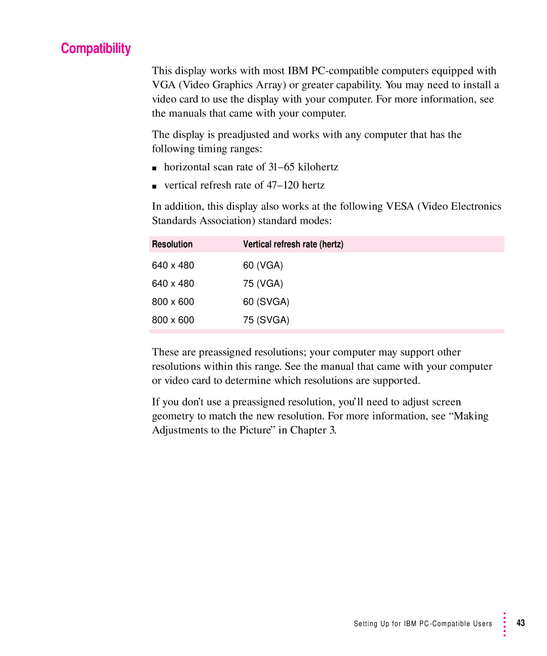 Apple 1705 Display manual Compatibility, Resolution Vertical refresh rate hertz 