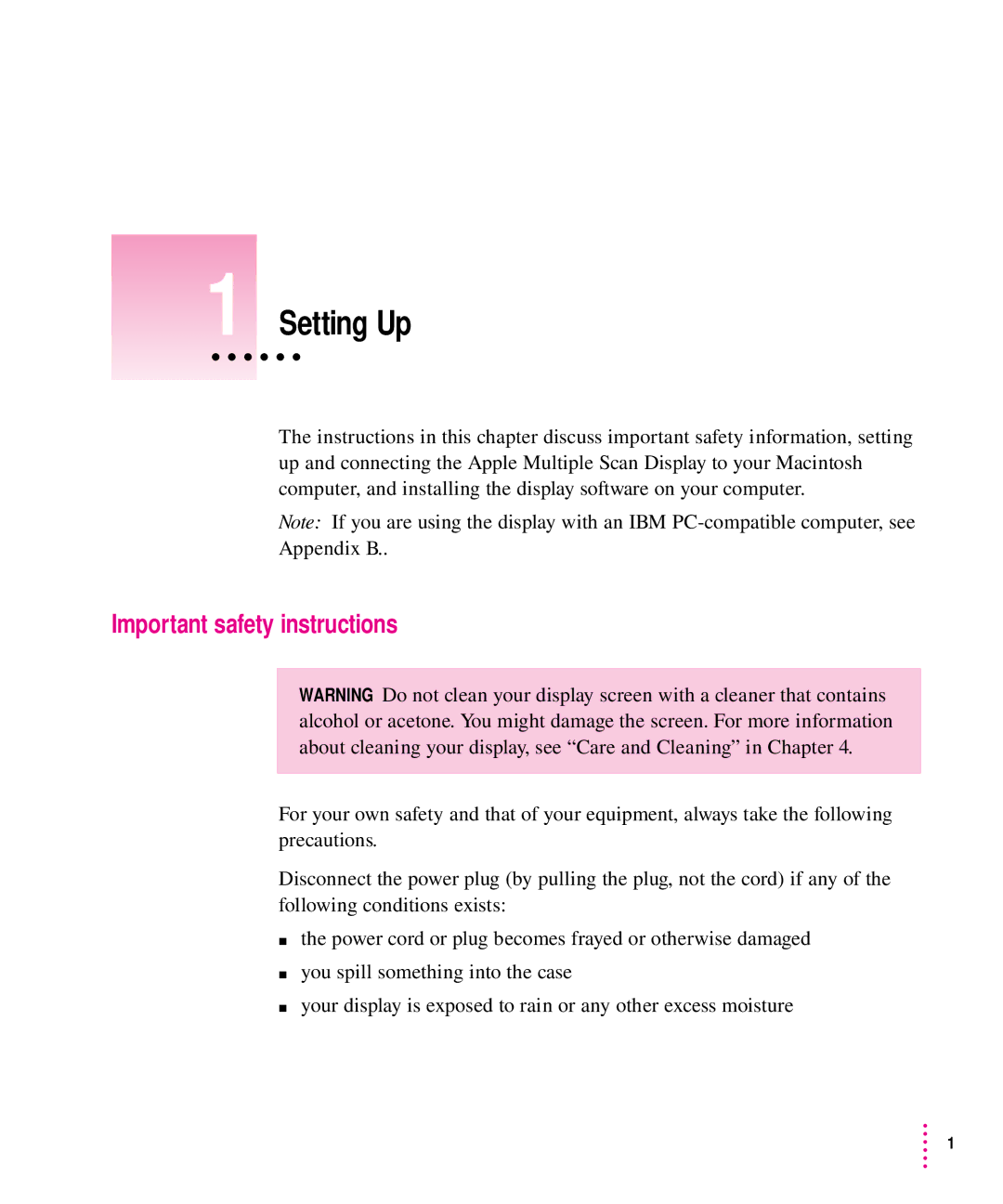 Apple 1705 Display manual Setting Up, Important safety instructions 