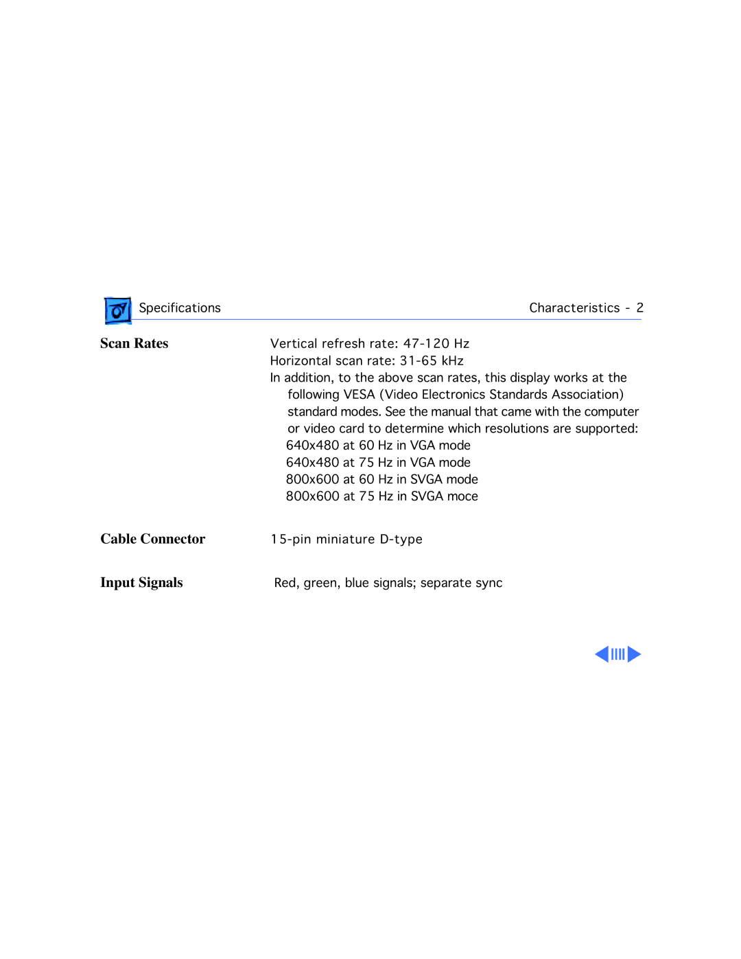 Apple 1705 manual Scan Rates, Cable Connector Input Signals 