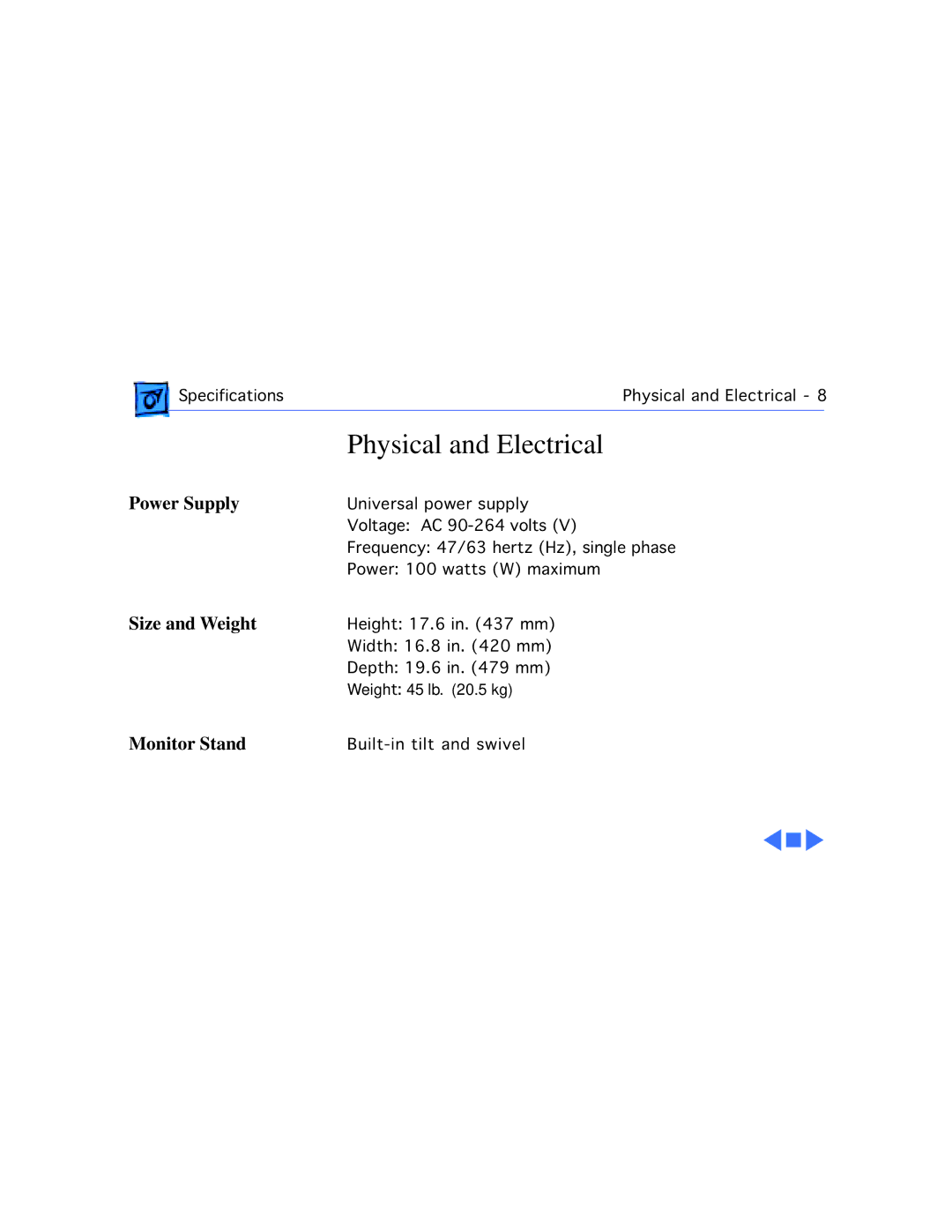 Apple 1705 manual Physical and Electrical, Power Supply, Size and Weight, Monitor Stand 