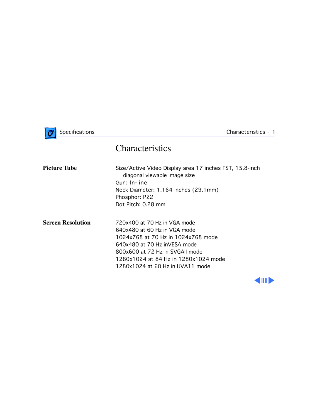 Apple 1705 manual Characteristics, Picture Tube, Screen Resolution 