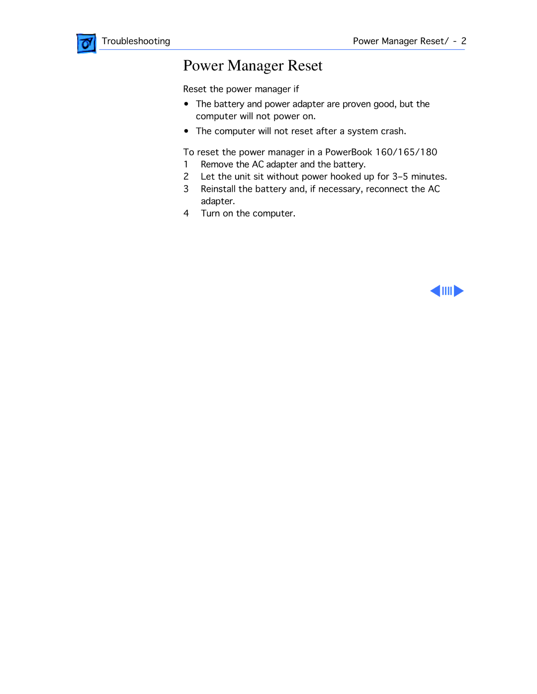 Apple 165, 180, 160 manual Power Manager Reset 
