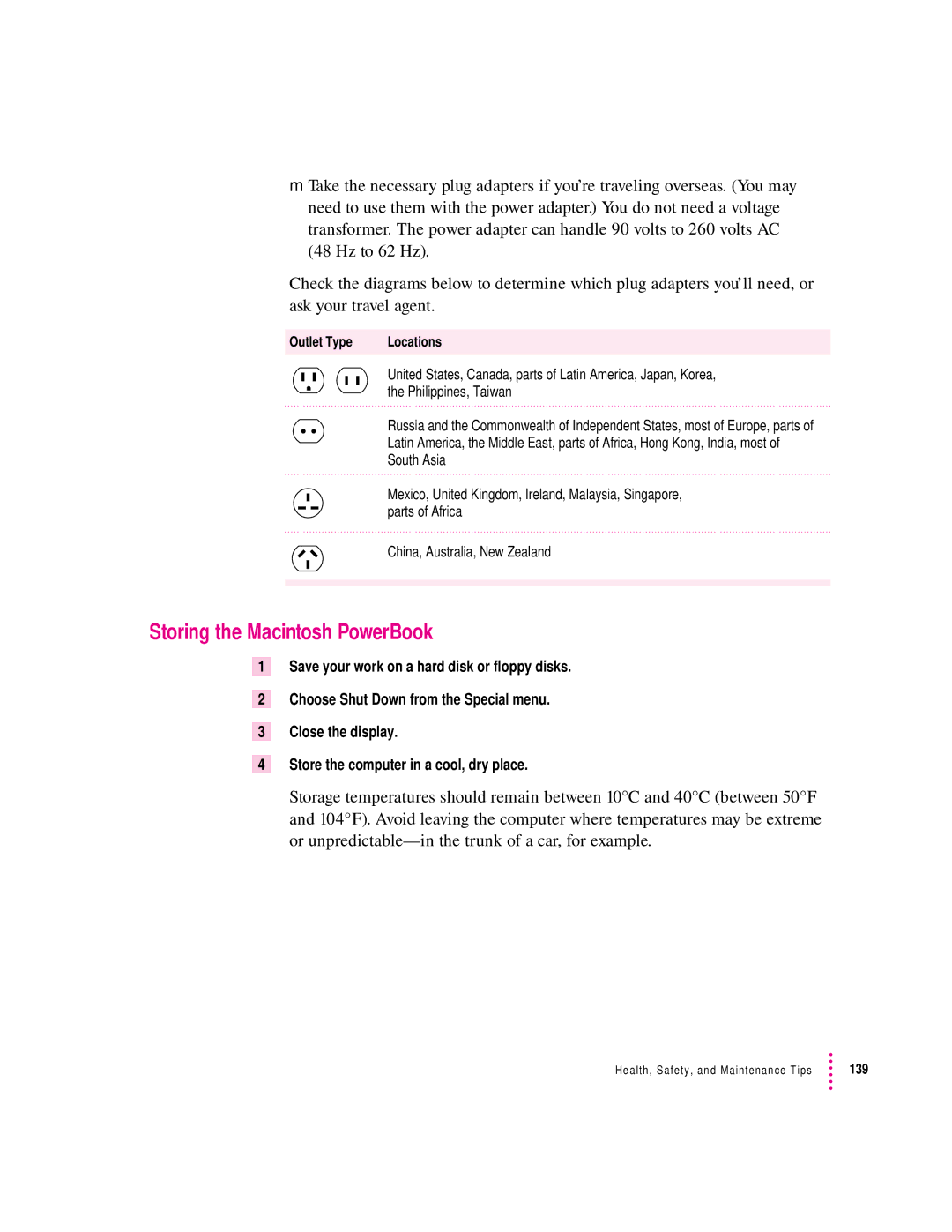 Apple 190 series manual Storing the Macintosh PowerBook, Philippines, Taiwan 