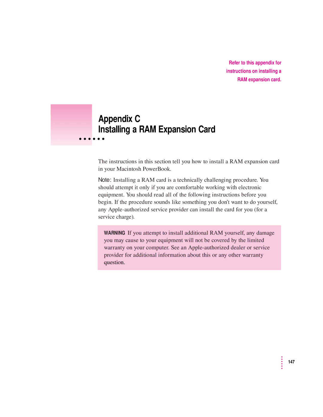 Apple 190 series manual Appendix C Installing a RAM Expansion Card 