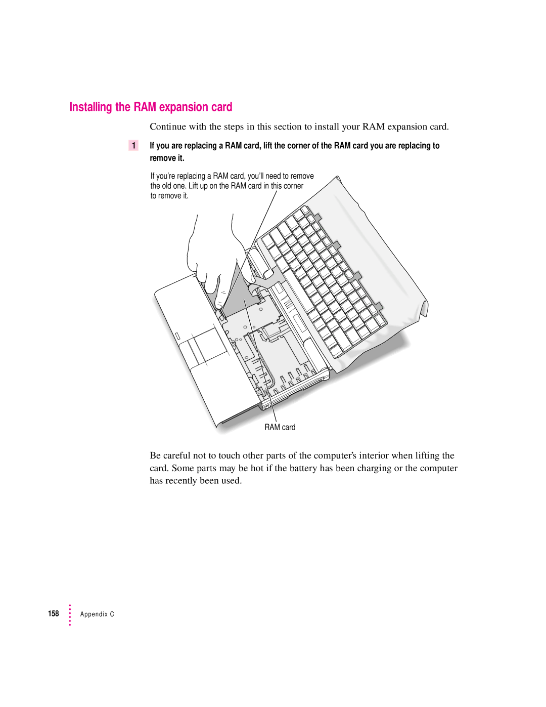 Apple 190 series manual Installing the RAM expansion card 