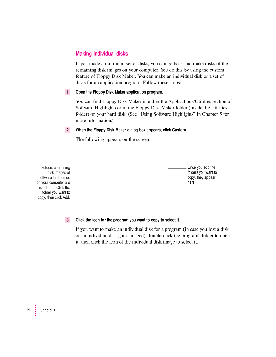 Apple 190 series manual Making individual disks, Following appears on the screen 