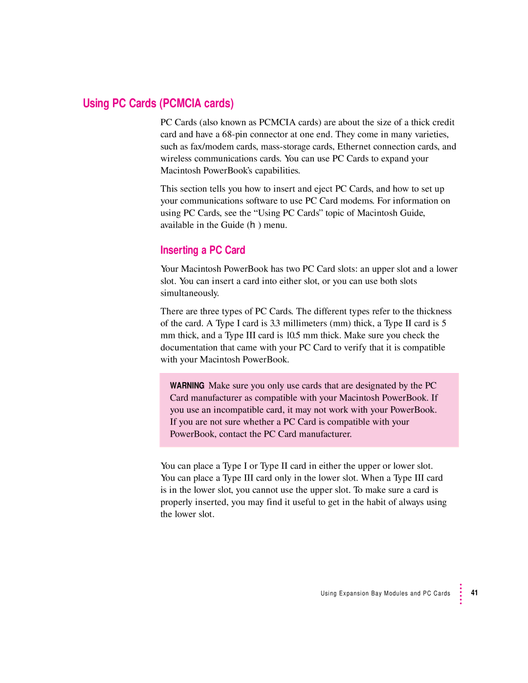 Apple 190 series manual Using PC Cards Pcmcia cards, Inserting a PC Card 