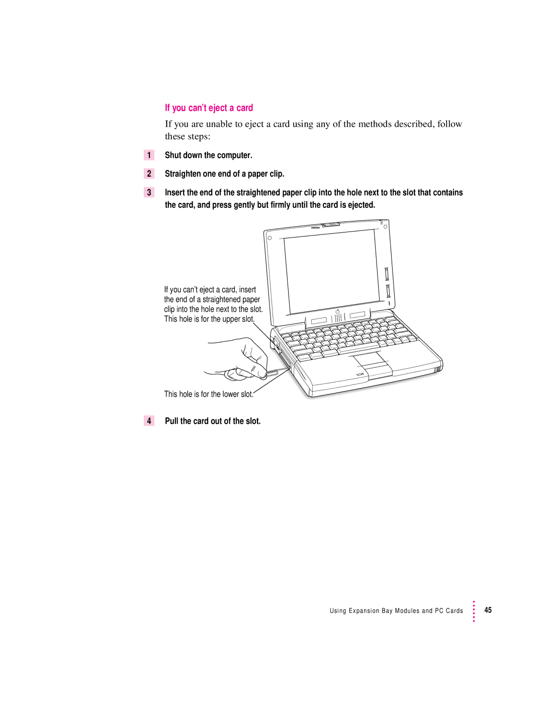 Apple 190 series manual If you can’t eject a card, Shut down the computer Straighten one end of a paper clip 