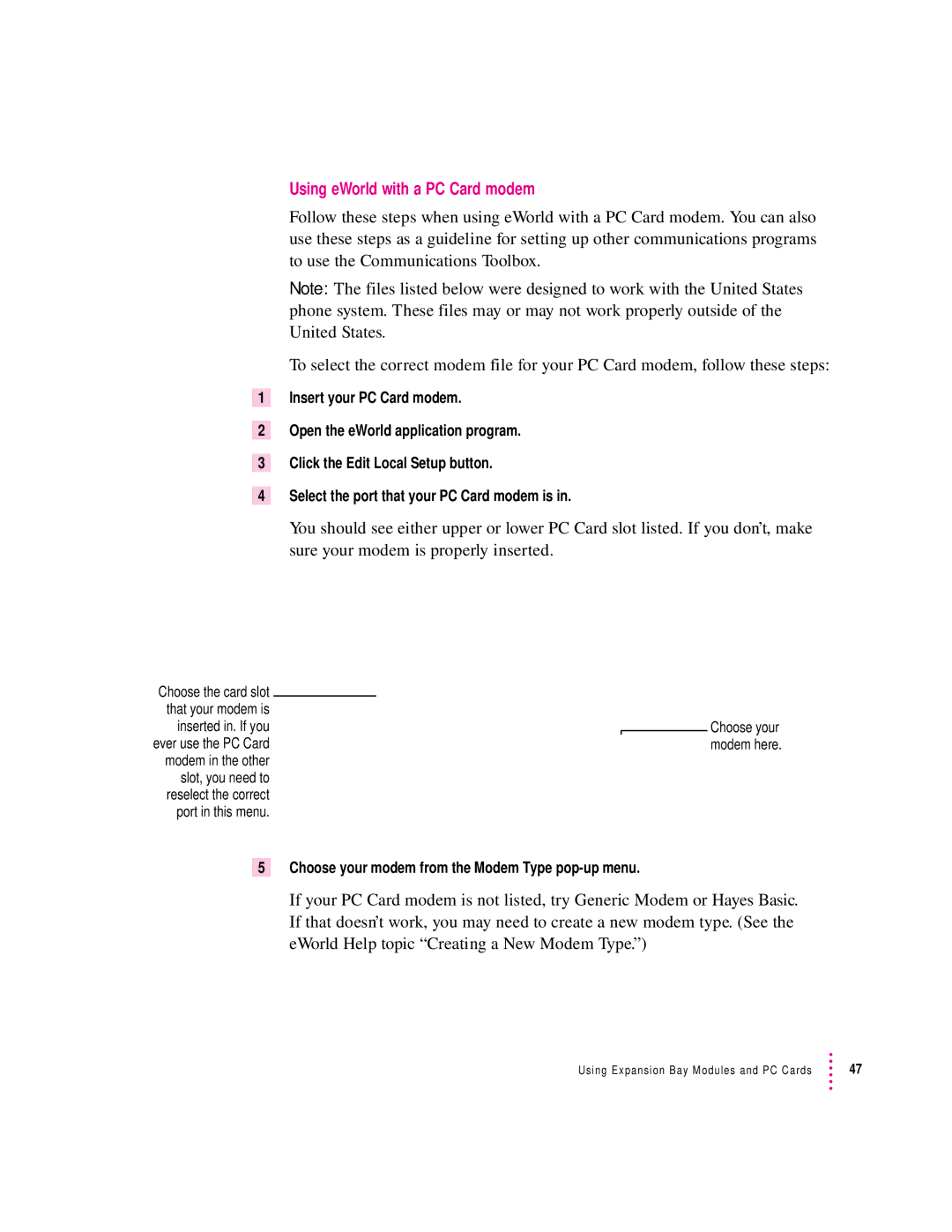 Apple 190 series manual Using eWorld with a PC Card modem 