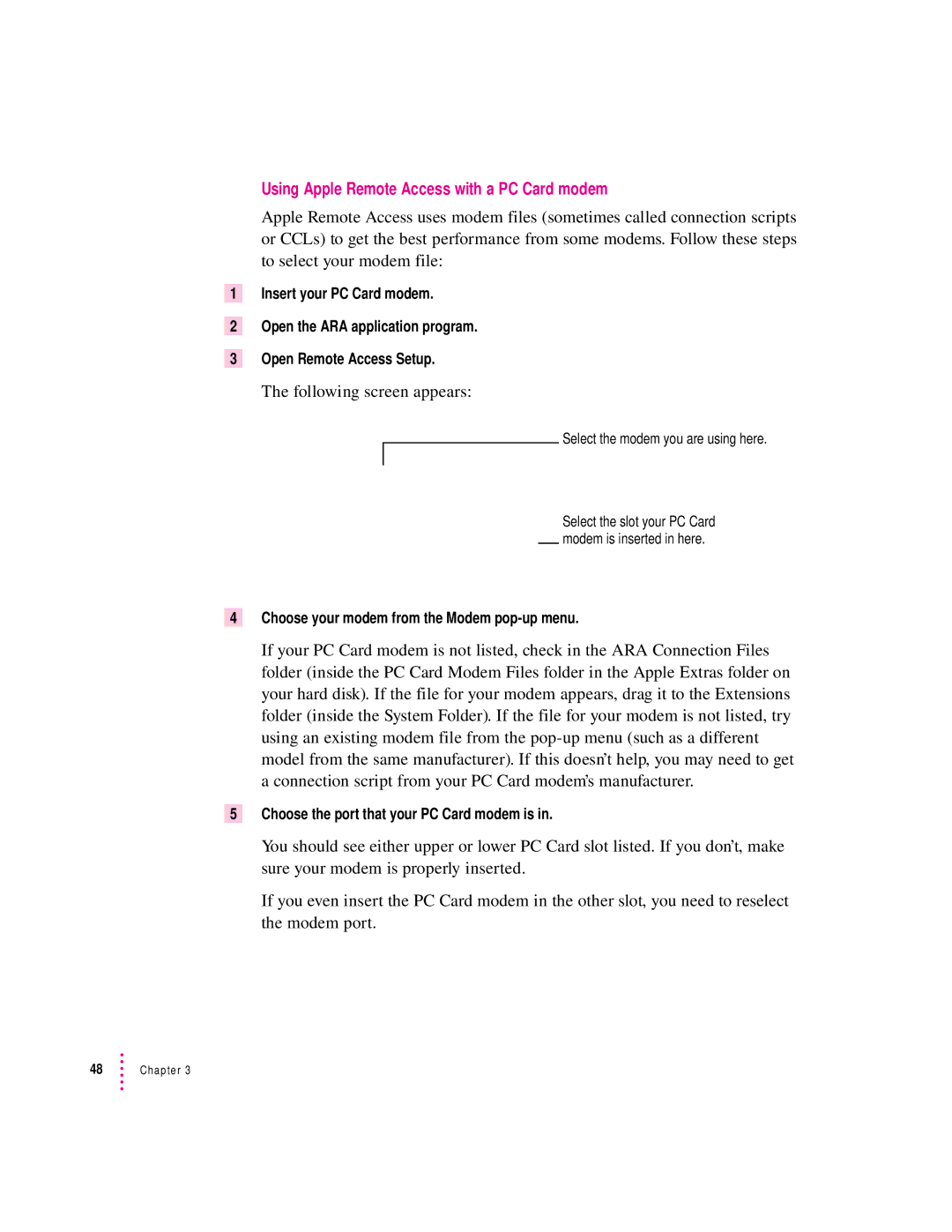 Apple 190 series manual Using Apple Remote Access with a PC Card modem, Following screen appears 