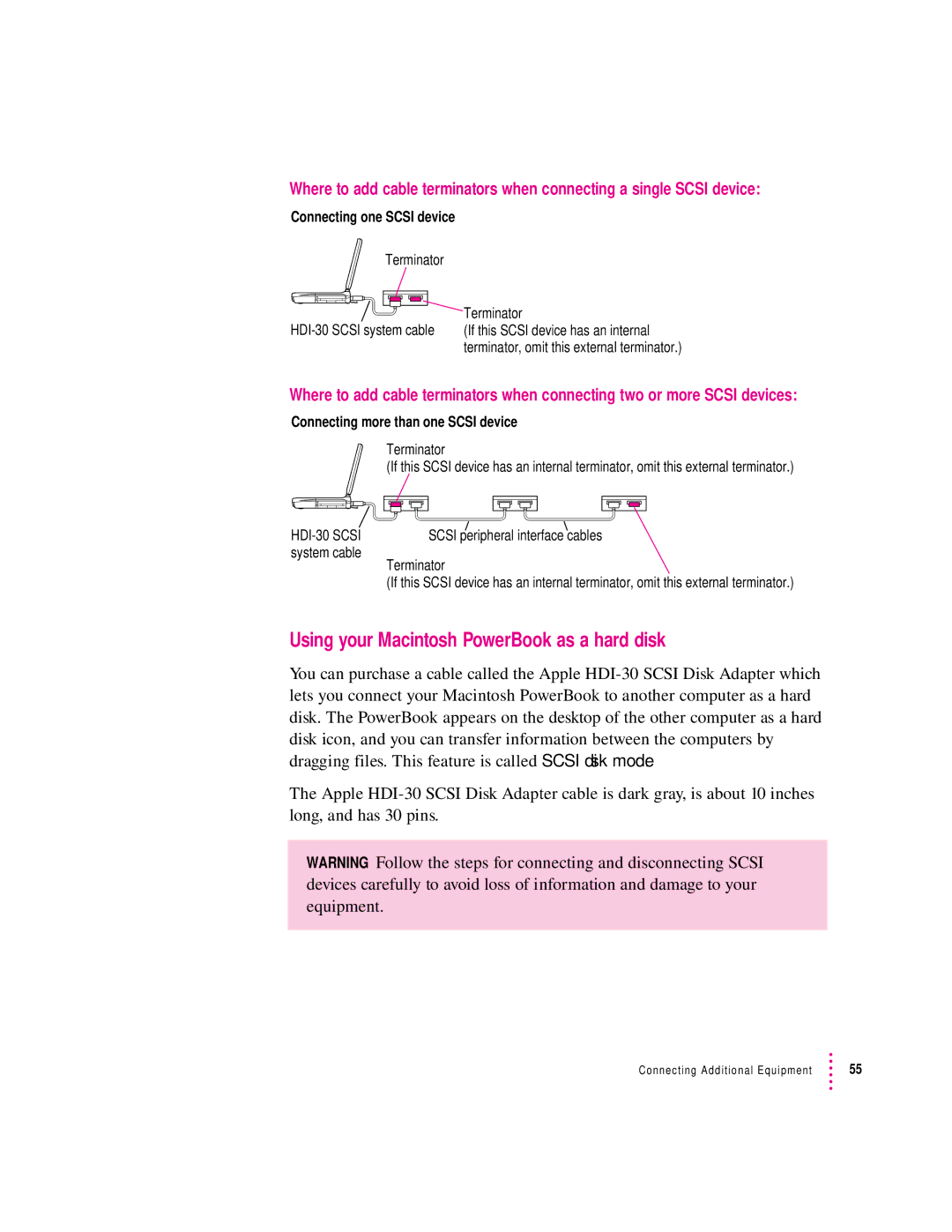 Apple 190 series manual Using your Macintosh PowerBook as a hard disk, Connecting one Scsi device 