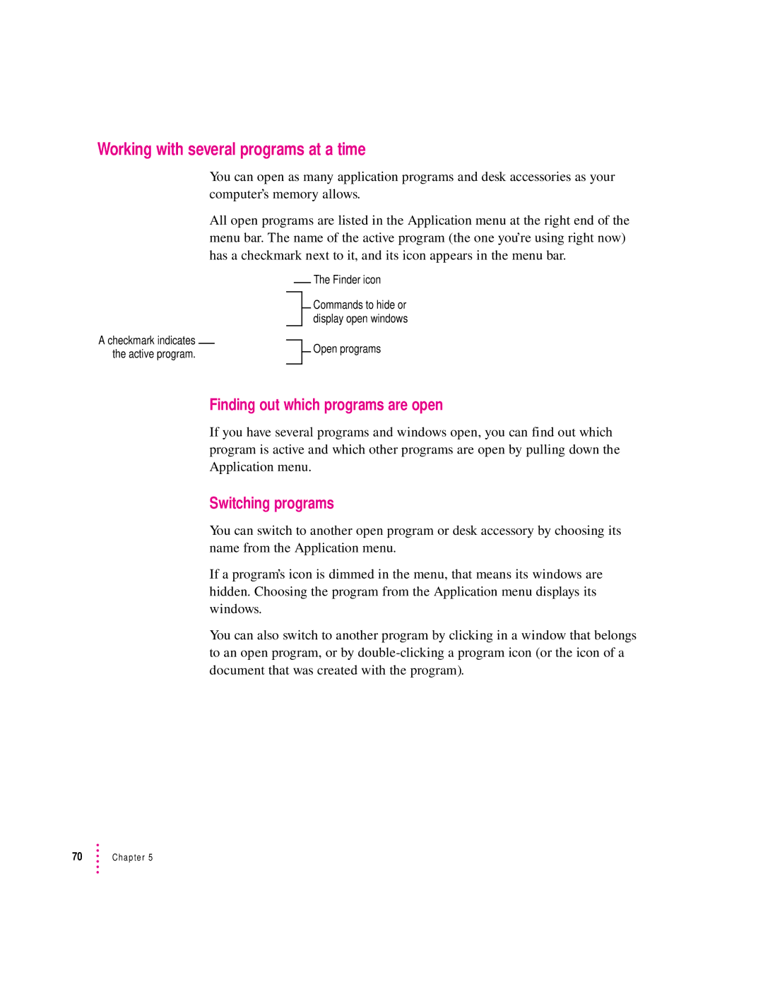 Apple 190 series manual Working with several programs at a time, Finding out which programs are open, Switching programs 