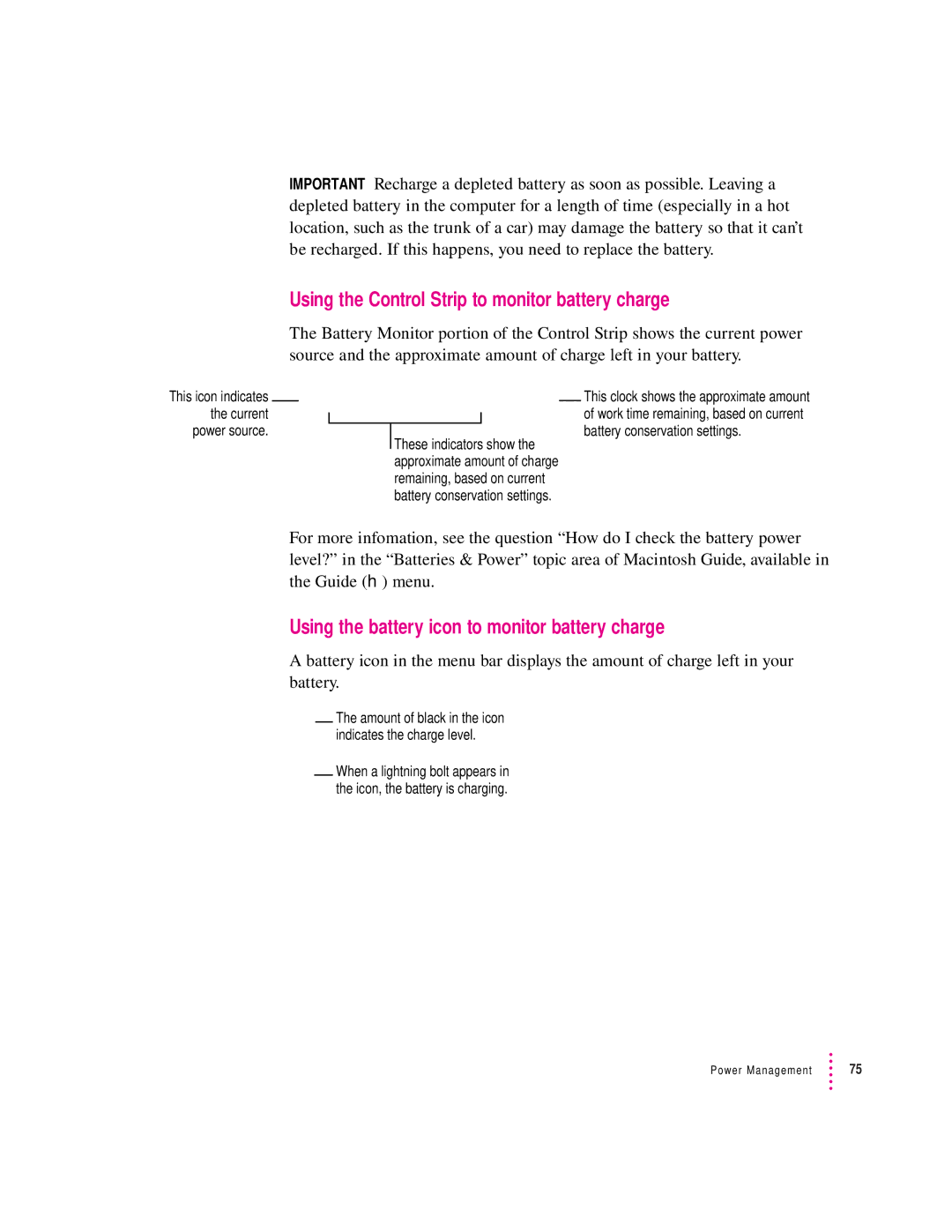 Apple 190 series manual Using the Control Strip to monitor battery charge, Using the battery icon to monitor battery charge 