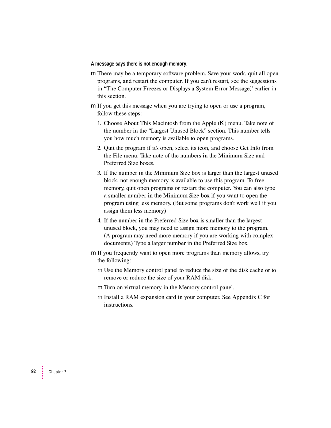Apple 190 series manual Message says there is not enough memory 