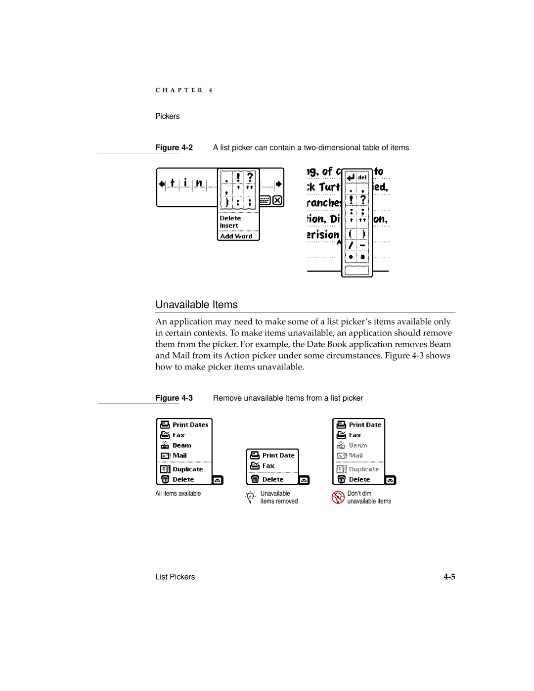 Apple manual Unavailable Items, 2A list picker can contain a two-dimensional table of items 