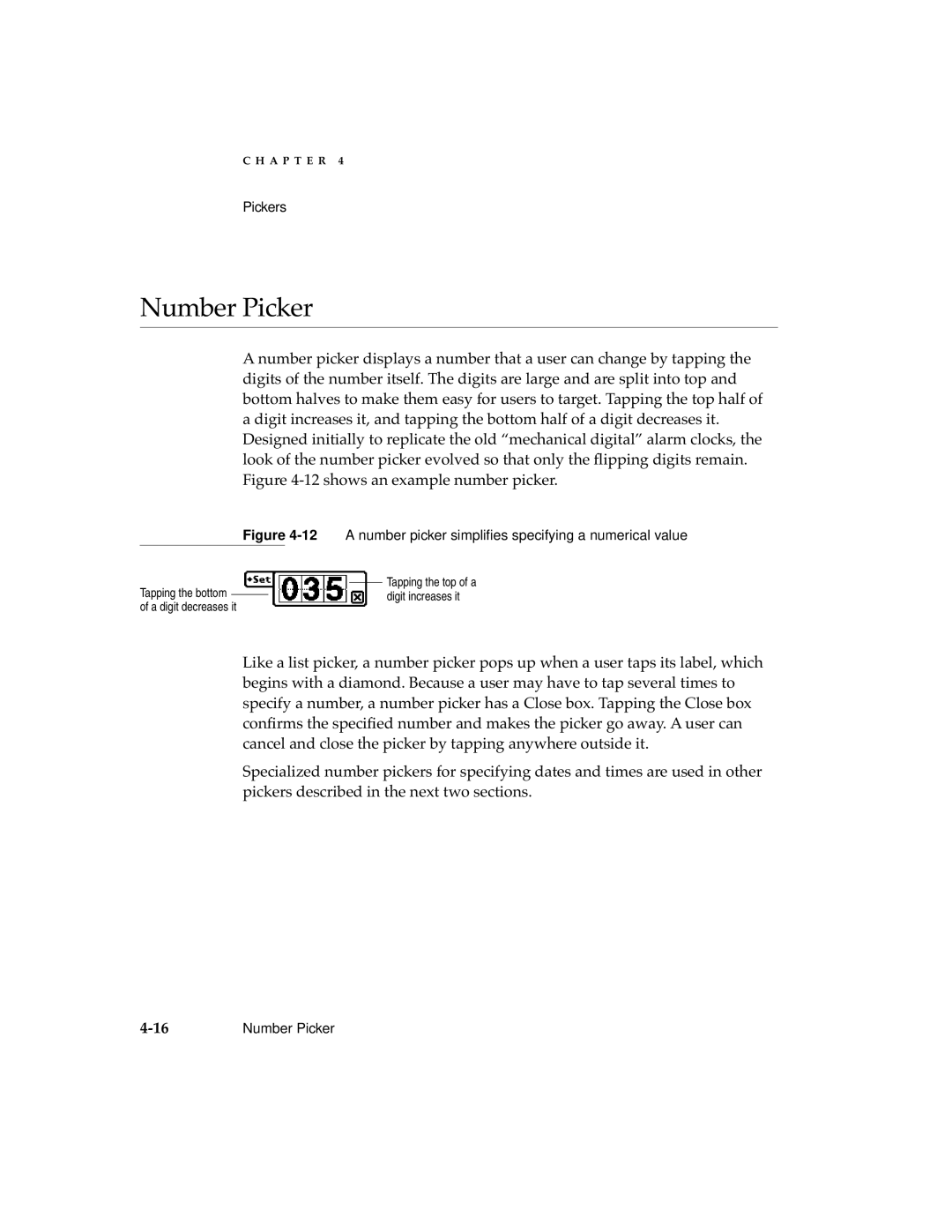 Apple manual Number Picker, 12A number picker simpliﬁes specifying a numerical value 