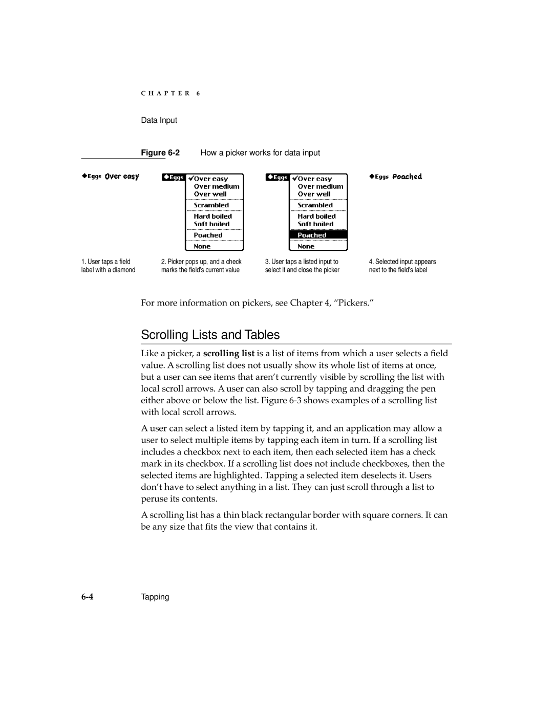 Apple manual Scrolling Lists and Tables, 2How a picker works for data input 