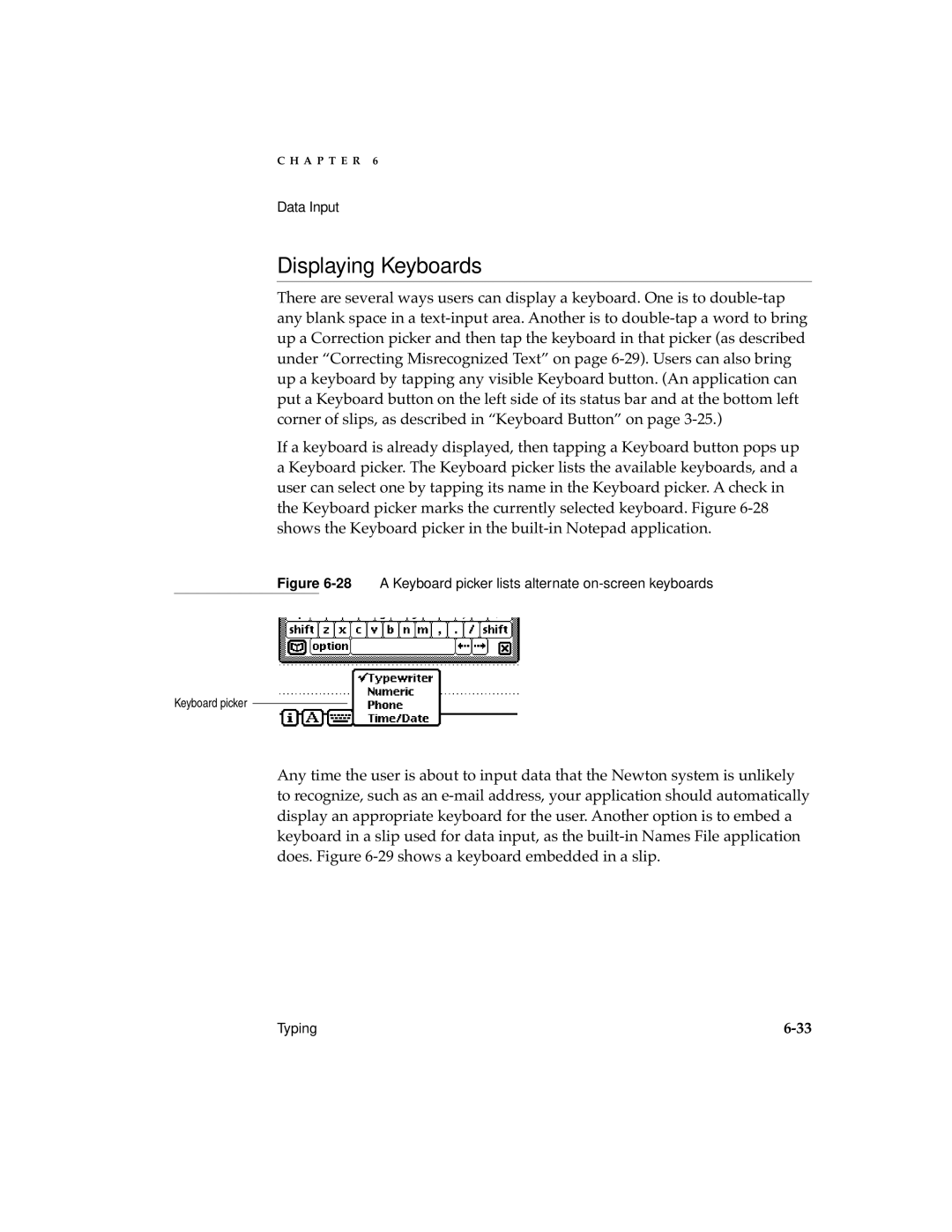 Apple manual Displaying Keyboards, 28A Keyboard picker lists alternate on-screen keyboards 