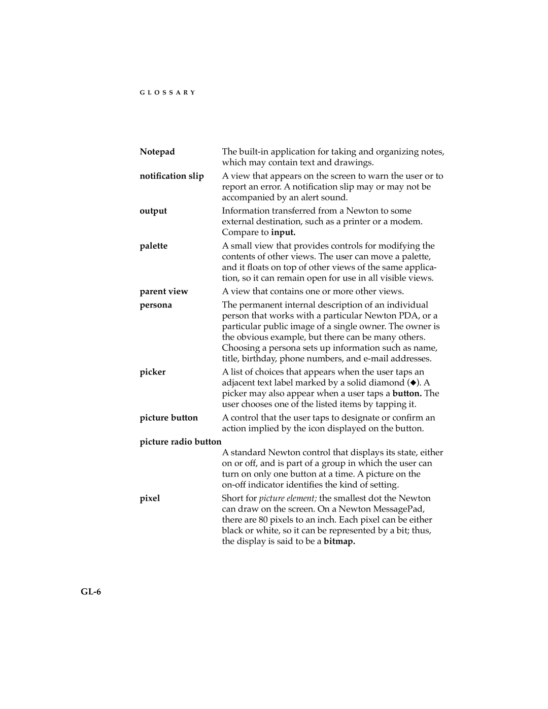 Apple 2 Notiﬁcation slip, Output, Palette, Parent view, Persona, Picker, Picture button, Picture radio button, Pixel, GL-6 