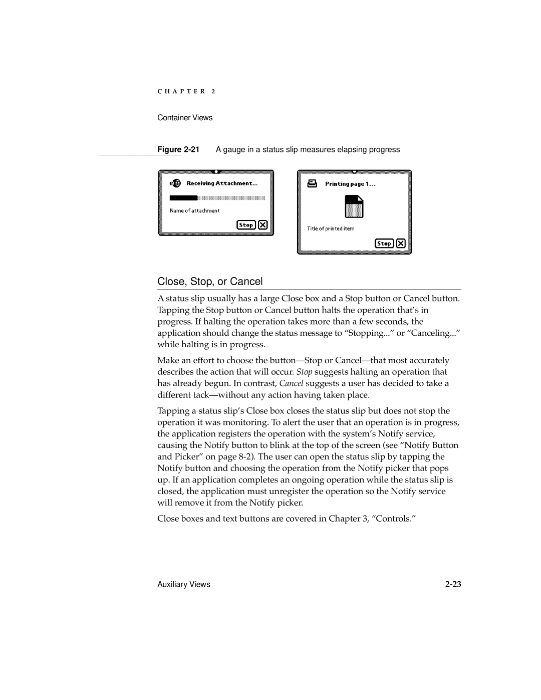 Apple manual Close, Stop, or Cancel, 21A gauge in a status slip measures elapsing progress 