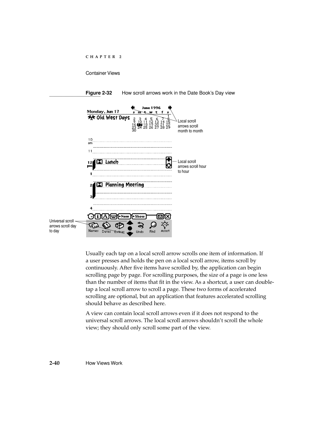 Apple manual 32How scroll arrows work in the Date Book’s Day view 