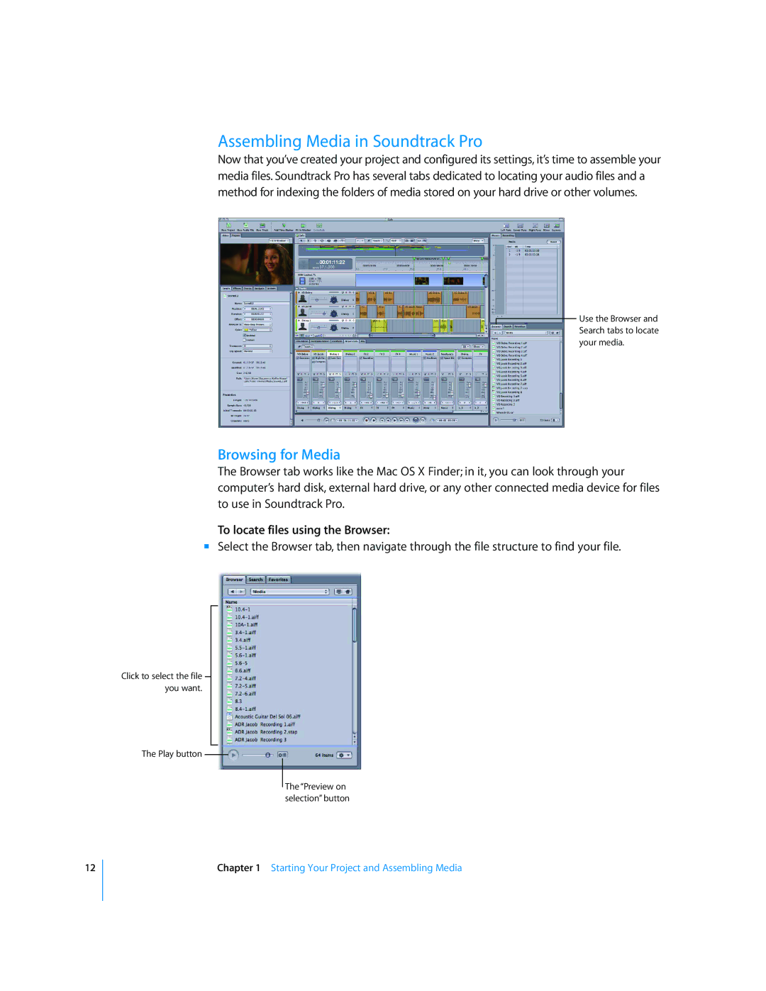 Apple 2 manual Assembling Media in Soundtrack Pro, Browsing for Media, To locate files using the Browser 