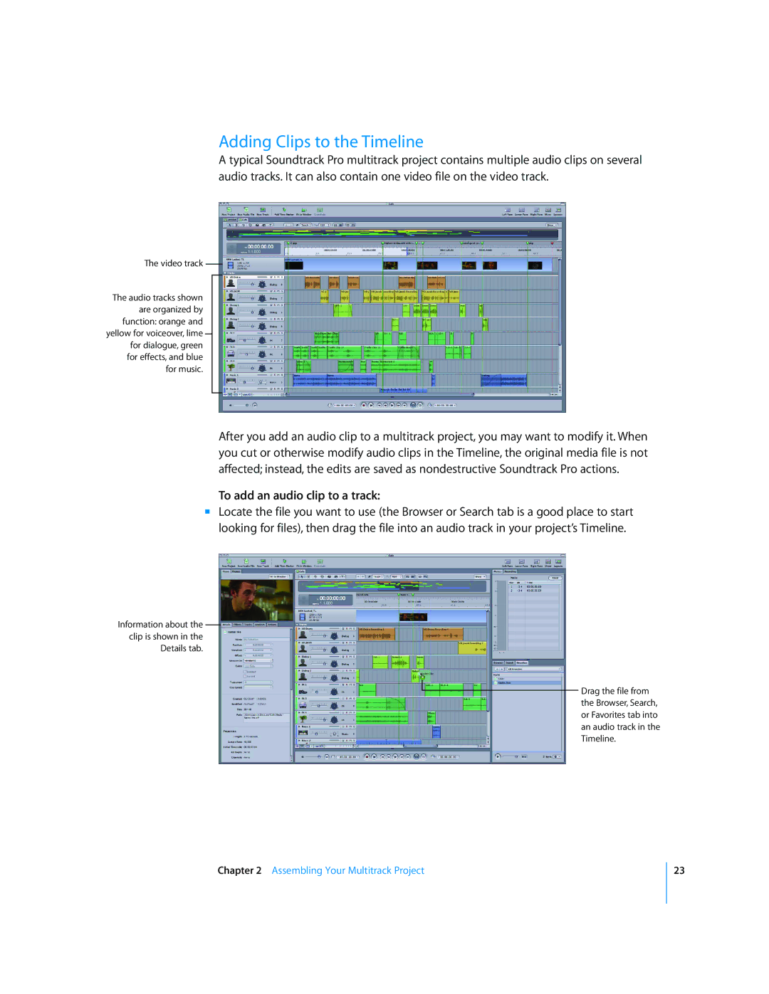 Apple 2 manual Adding Clips to the Timeline, To add an audio clip to a track 