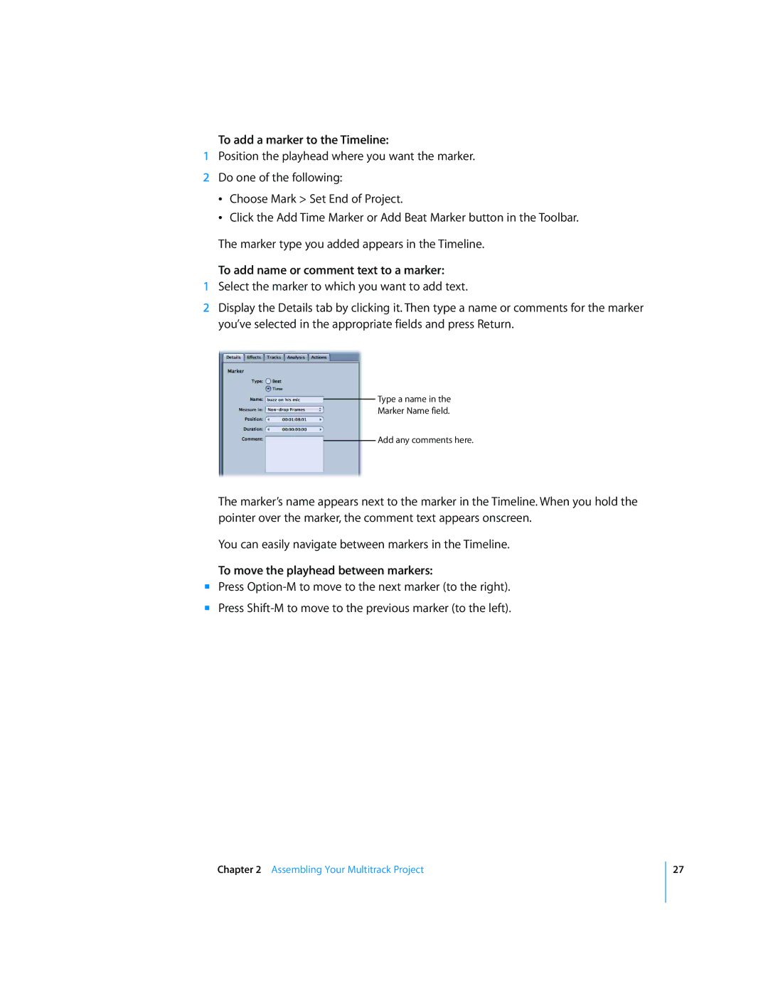 Apple 2 To add a marker to the Timeline, To add name or comment text to a marker, To move the playhead between markers 