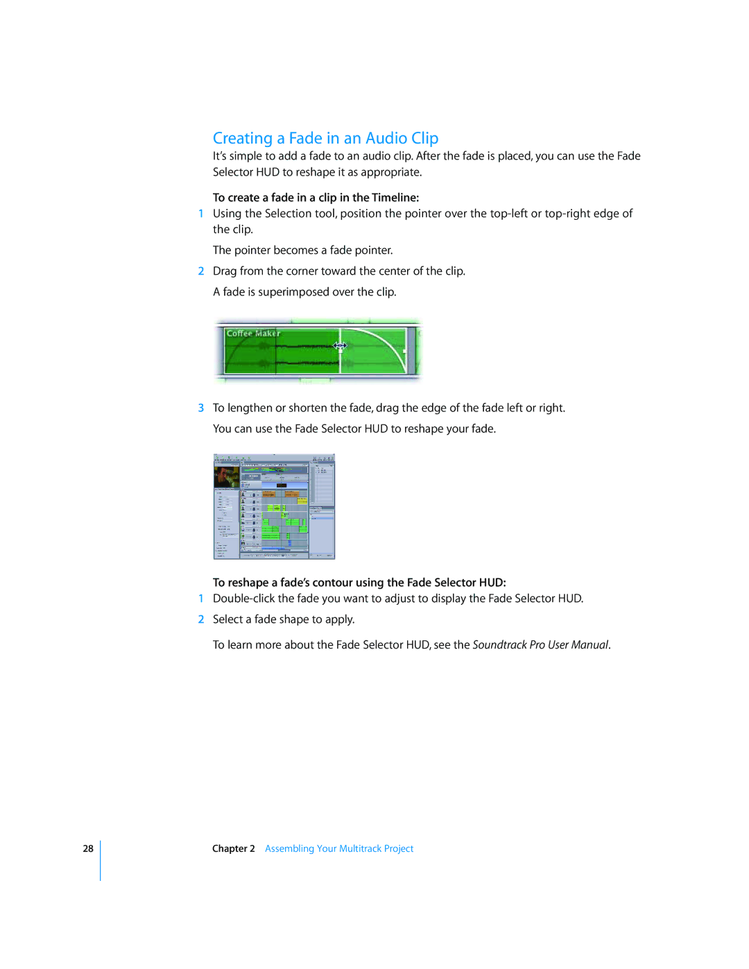 Apple 2 manual Creating a Fade in an Audio Clip, To create a fade in a clip in the Timeline 