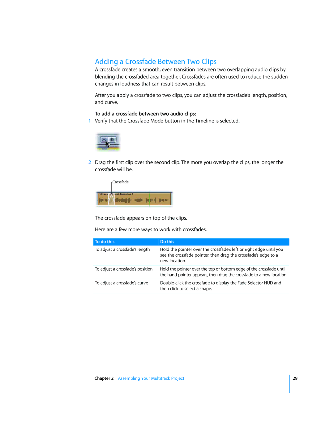 Apple 2 manual Adding a Crossfade Between Two Clips, To add a crossfade between two audio clips 