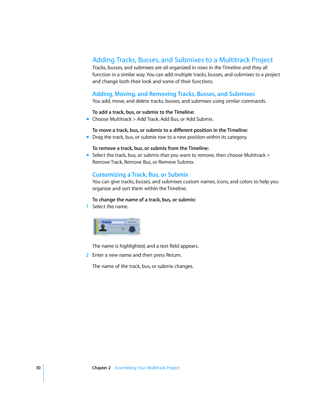 Apple 2 manual Adding Tracks, Busses, and Submixes to a Multitrack Project, Customizing a Track, Bus, or Submix 