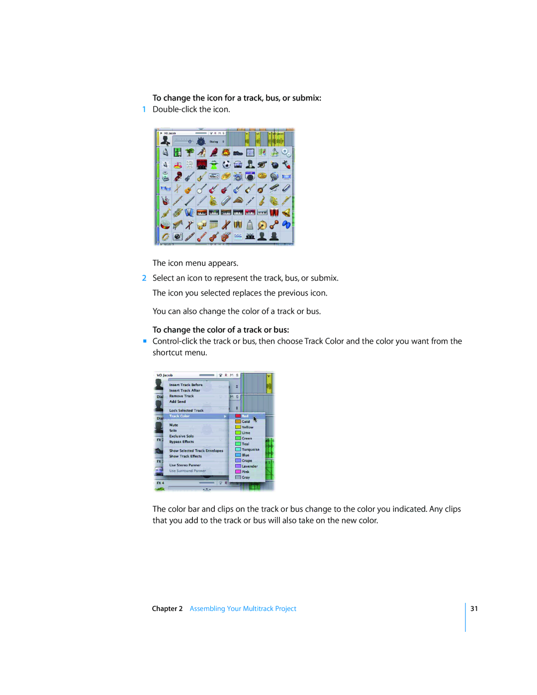 Apple 2 manual To change the icon for a track, bus, or submix, To change the color of a track or bus 