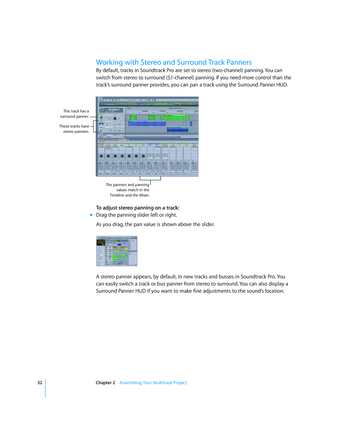 Apple 2 manual Working with Stereo and Surround Track Panners, To adjust stereo panning on a track 