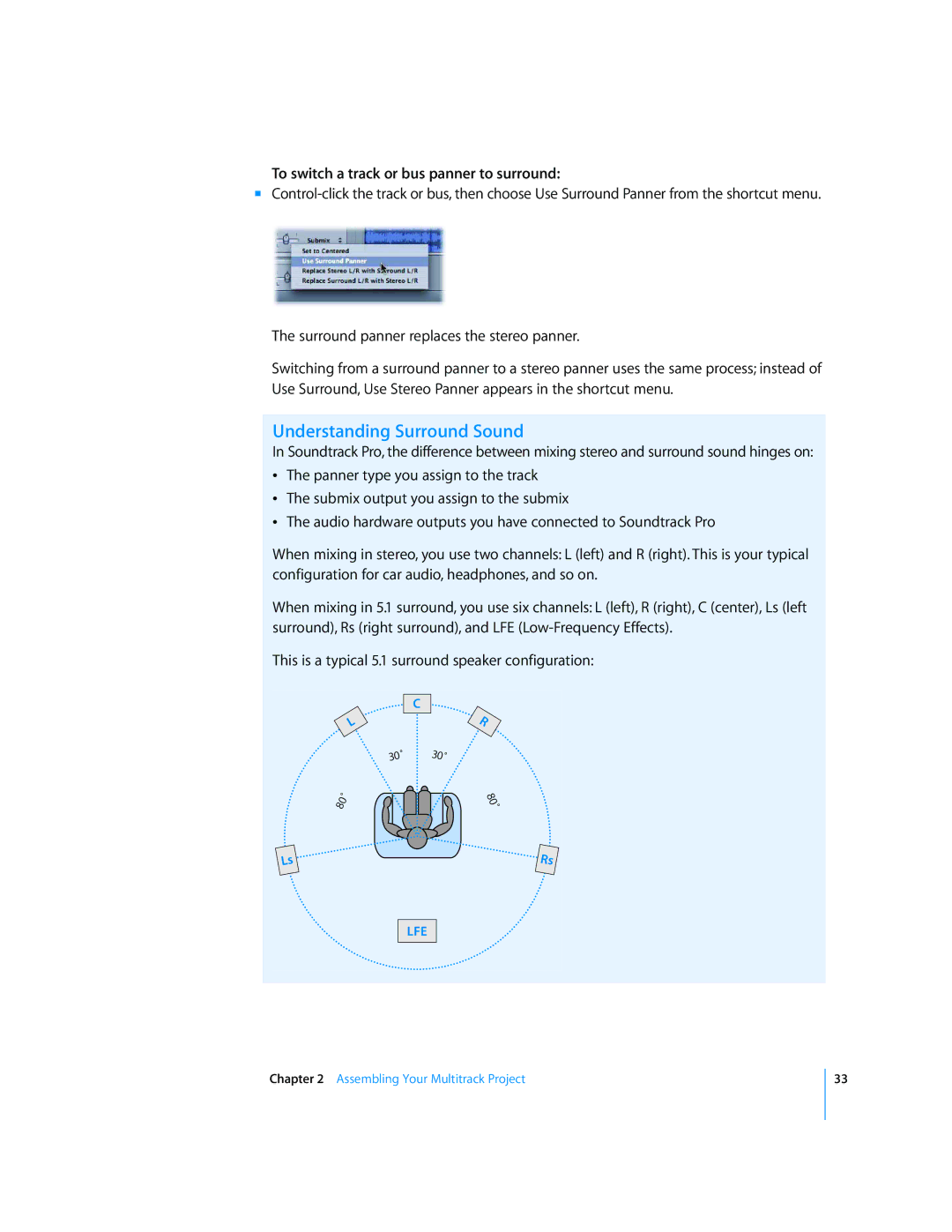 Apple 2 manual Understanding Surround Sound, To switch a track or bus panner to surround 