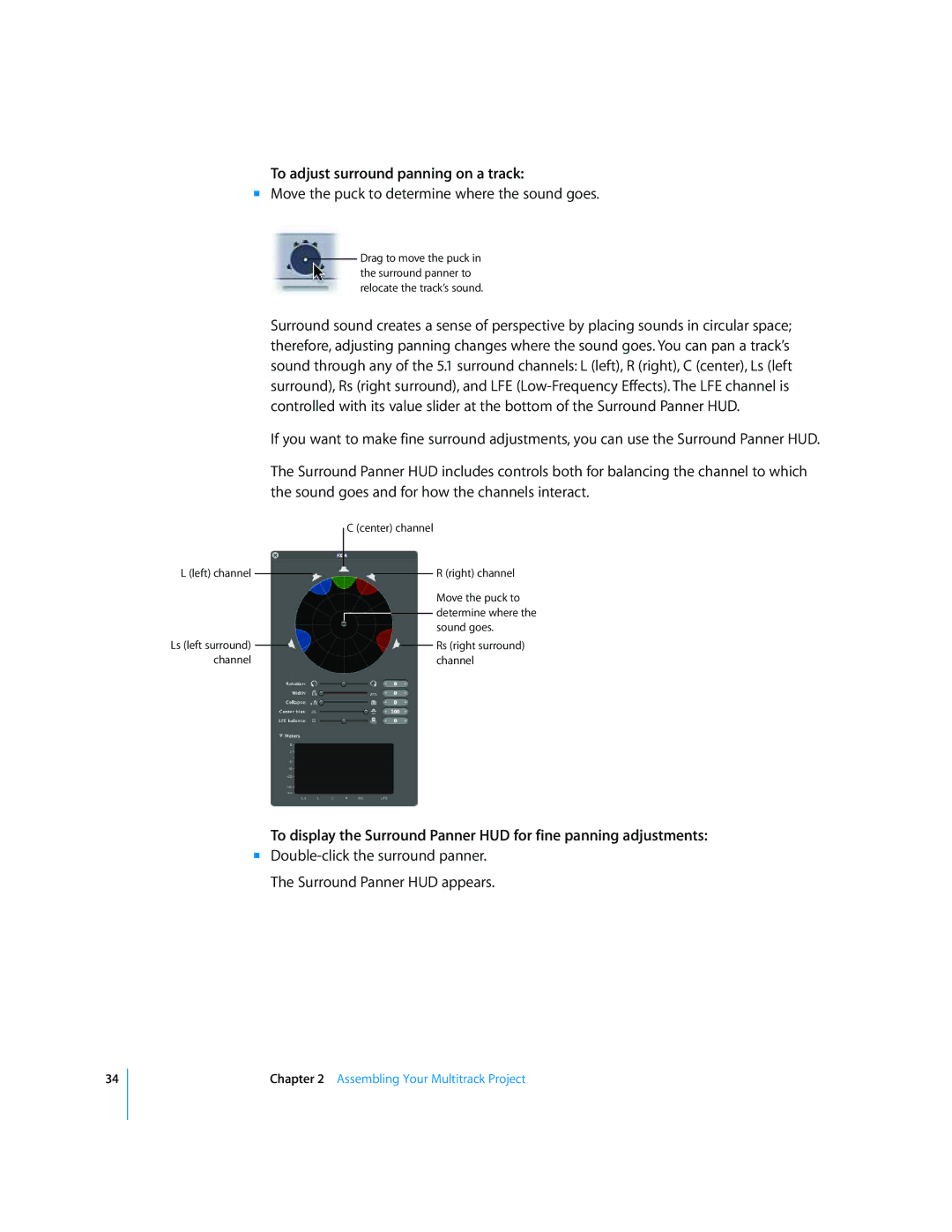 Apple 2 manual To adjust surround panning on a track, Move the puck to determine where the sound goes 