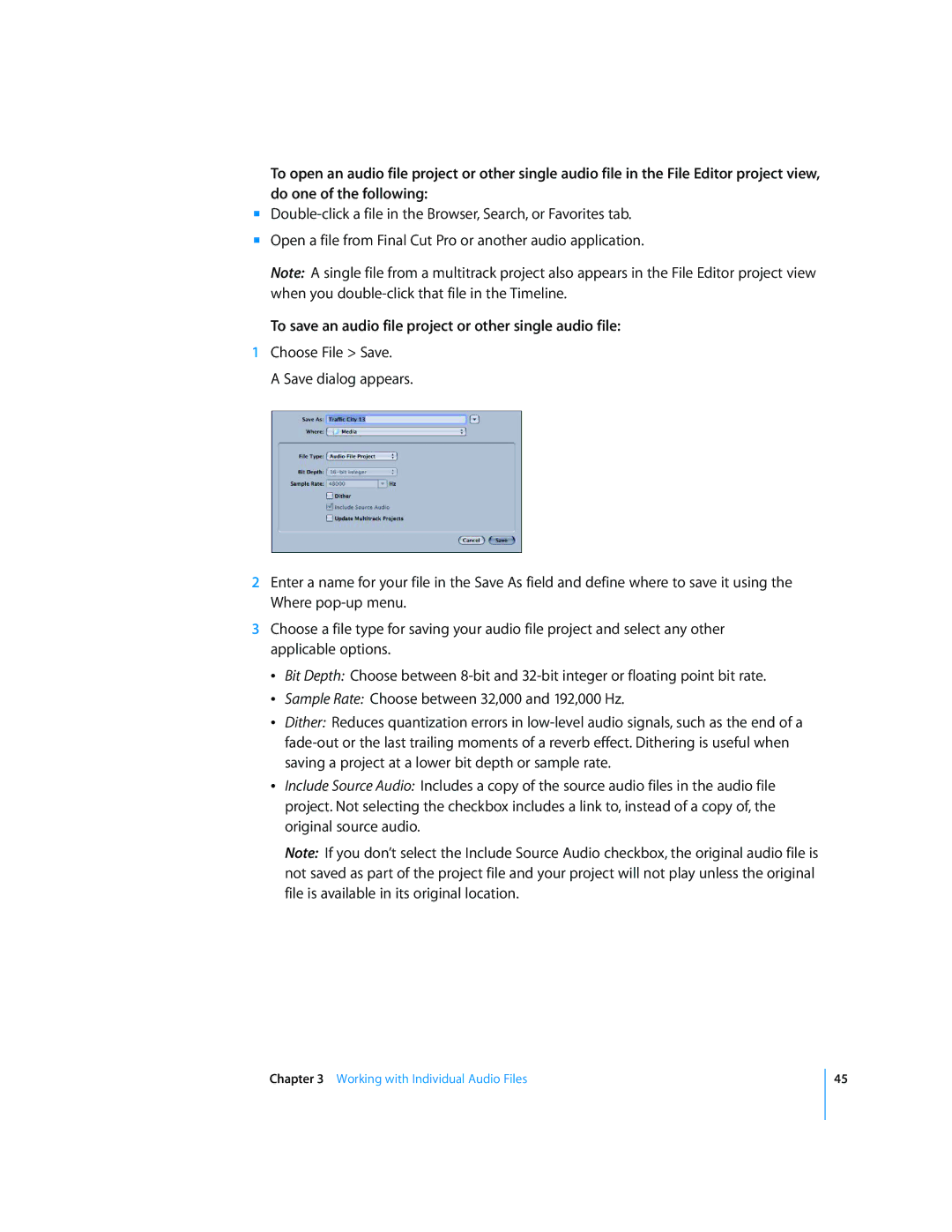 Apple 2 manual To save an audio file project or other single audio file 