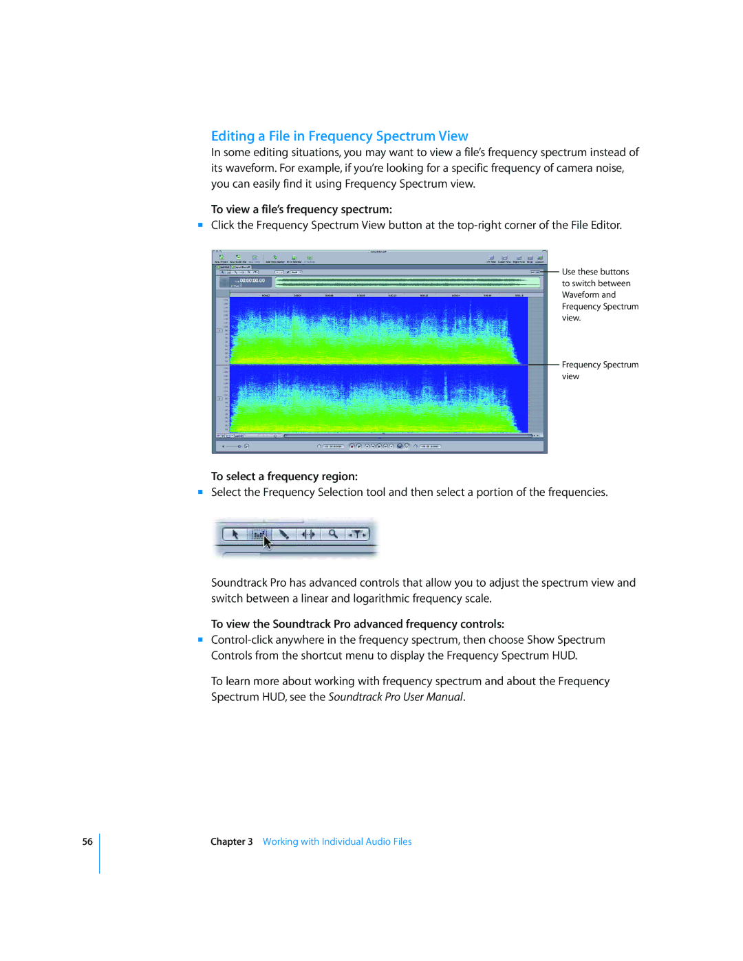 Apple 2 manual Editing a File in Frequency Spectrum View, To view a file’s frequency spectrum, To select a frequency region 