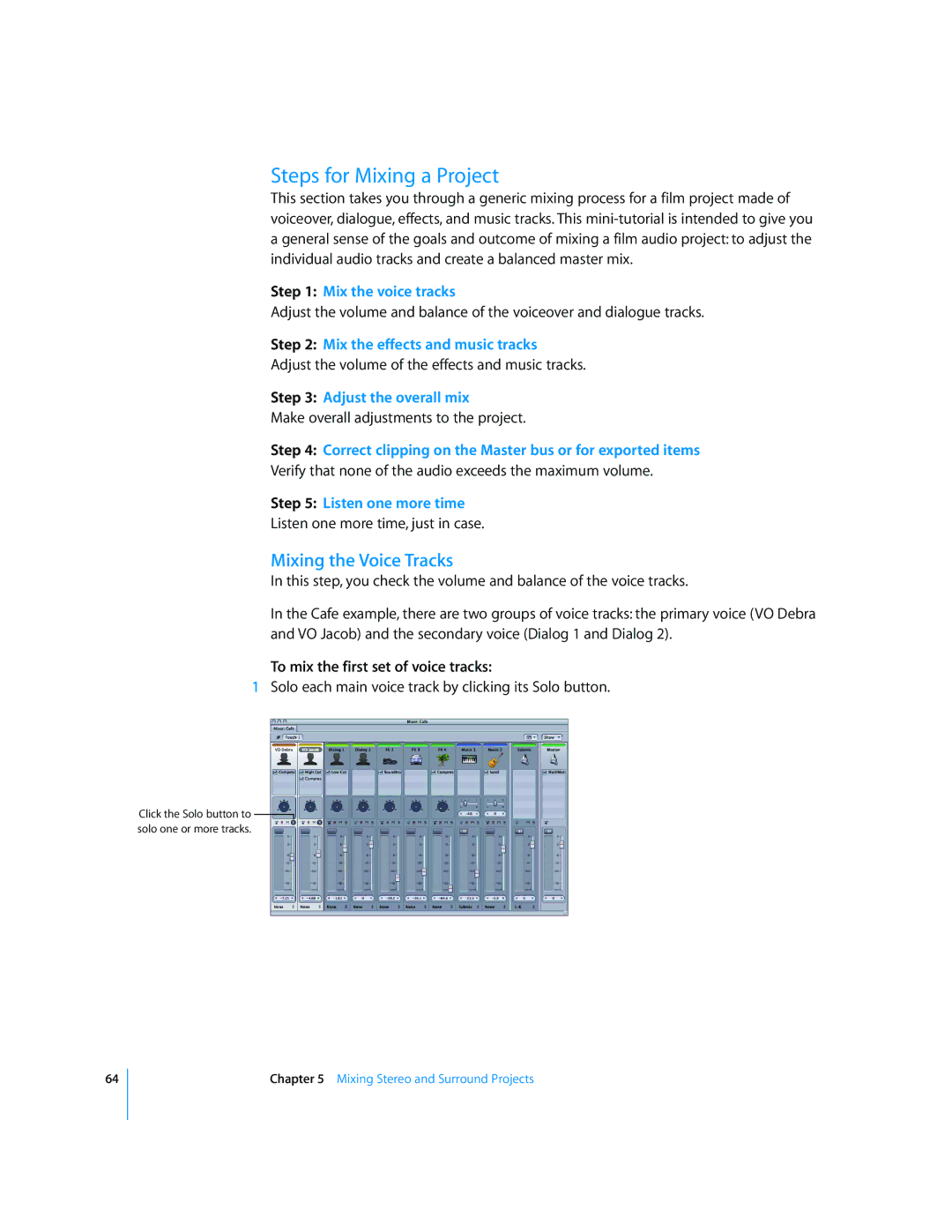 Apple 2 manual Steps for Mixing a Project, Mixing the Voice Tracks, To mix the first set of voice tracks 