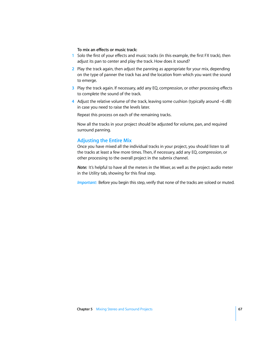 Apple 2 manual Adjusting the Entire Mix, To mix an effects or music track 