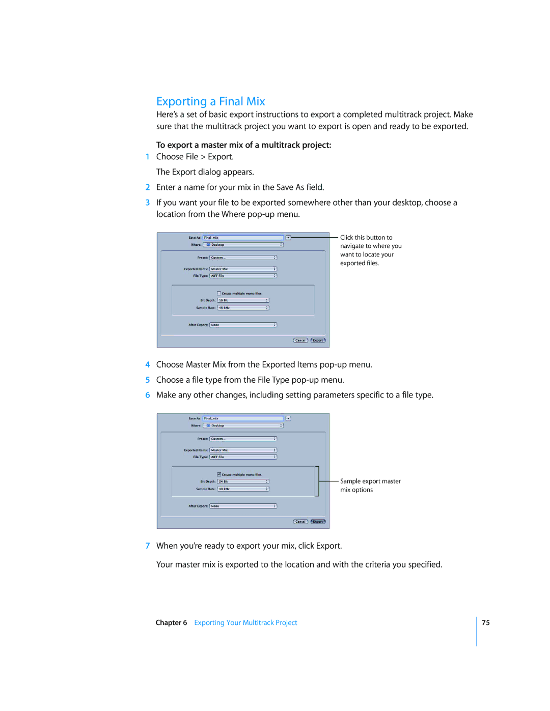 Apple 2 manual Exporting a Final Mix, To export a master mix of a multitrack project 